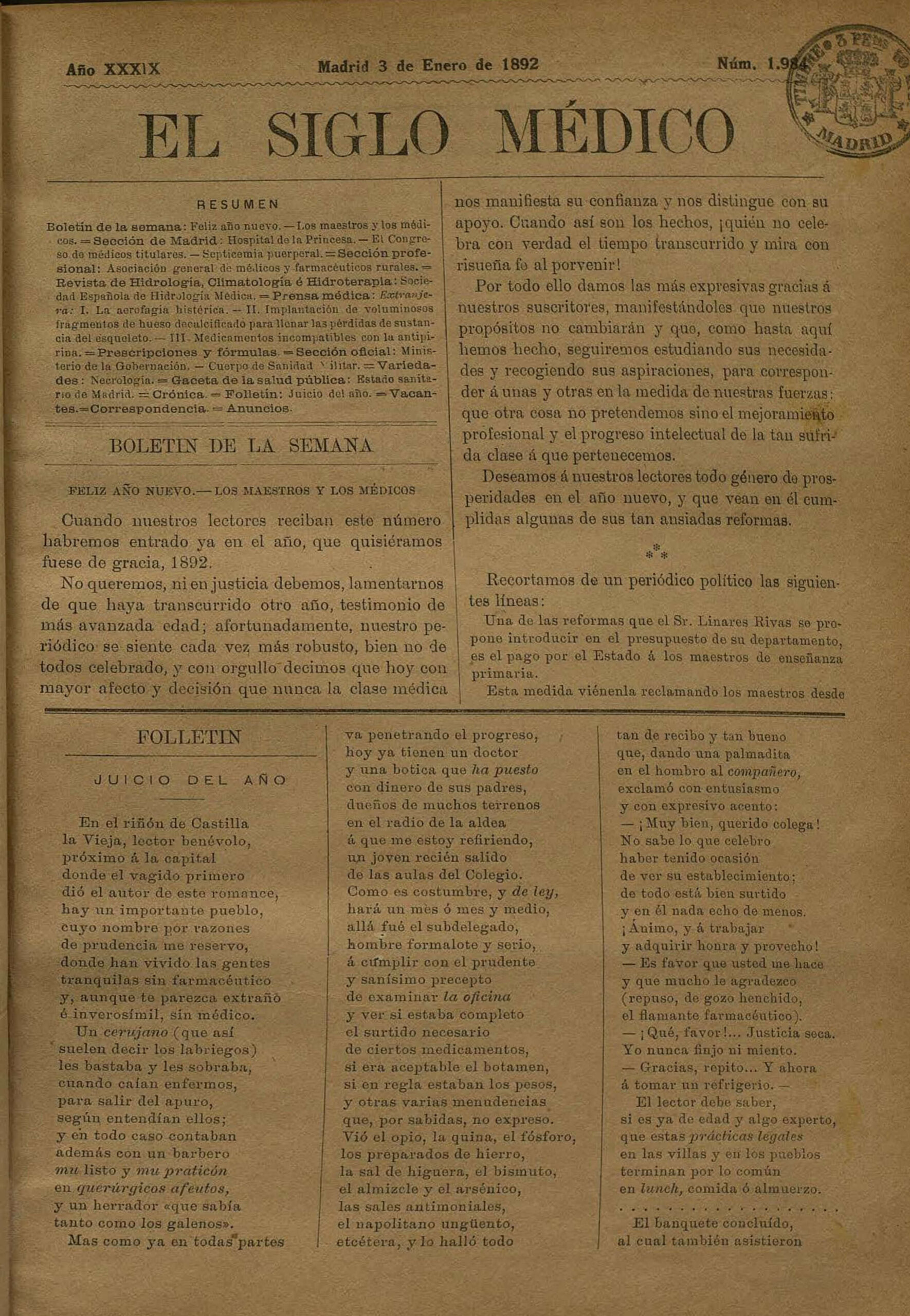El Siglo Medico 1892