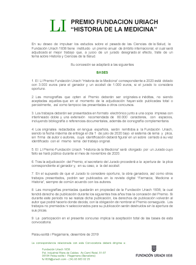 BASES LI Premio Fundación Uriach “Historia de la Medicina”