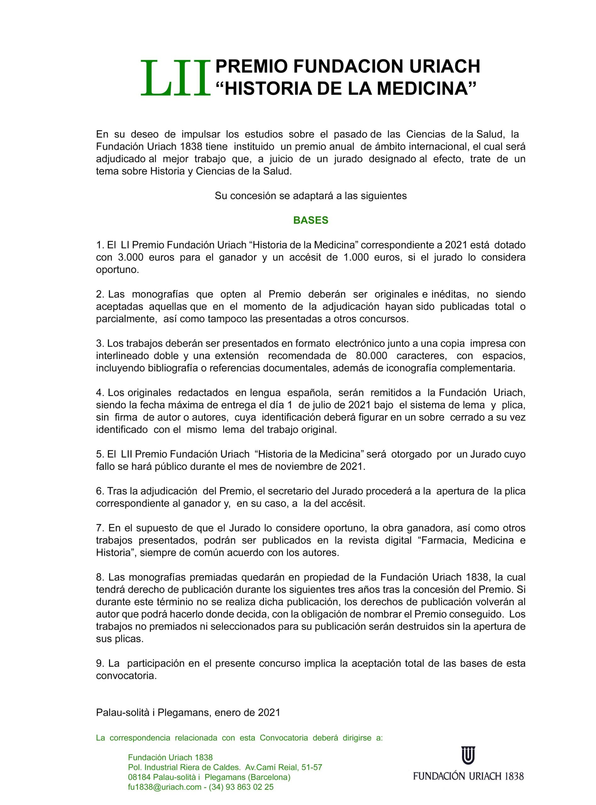 LII Premio Fundación Uriach “Historia de la Medicina”